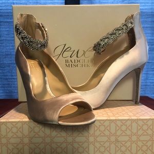 Alanis Champagne Satin Rhinestone Peep-Toe Heels